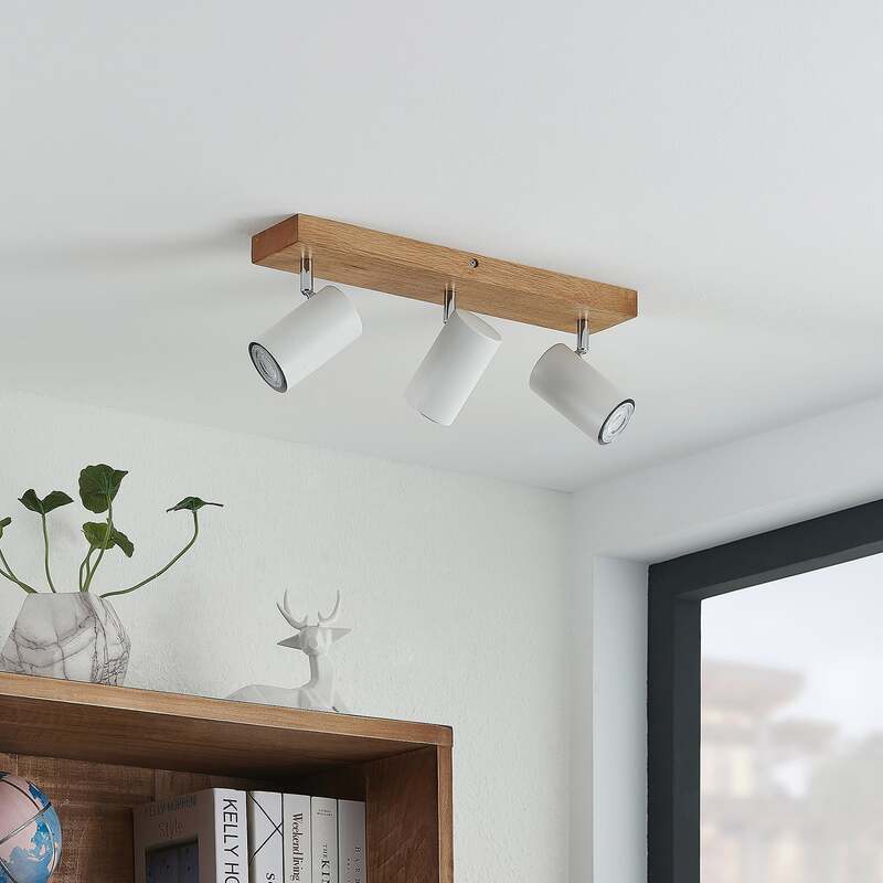 Lindby Deckenstrahler Maniva LED Strahler 3-flammig dimmbar weiß 44cm Eisen Holz - 4251911711684