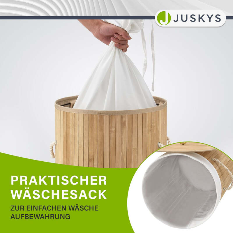 Bambus Wäschekorb Curly-Round 55l Wäschekorb mit Deckel und Stoff-Wäschesack - 4260565522751