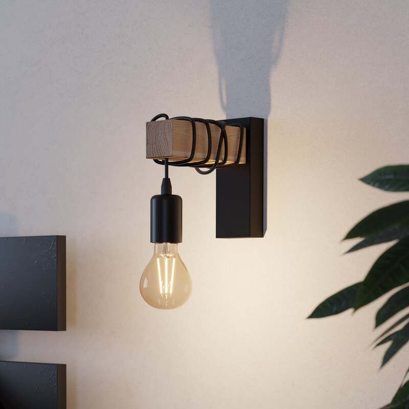 Eglo Wandleuchte Townshend LED Wandlampe dimmbar schwarz creme Holz 6,5x21,5cm - 9002759435141