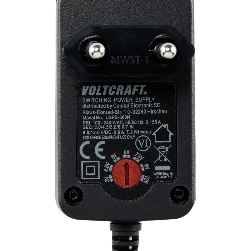 Voltcraft Steckernetzteil einstellbar 3V 4.5V 5V 6V 7.5V 9V 12V 0.6A 7.2W - 4064161042053