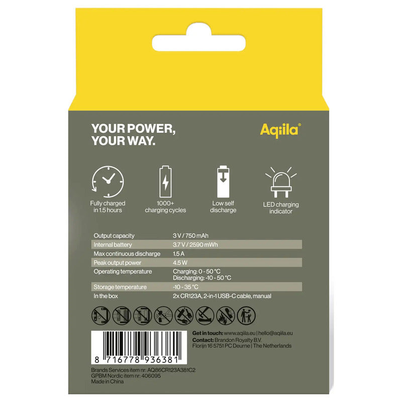 Aqiila Akku CR123A Li-Ion 3V 750mAh wiederaufladbar 2er Set mit Schutzschaltung - 8716778936381