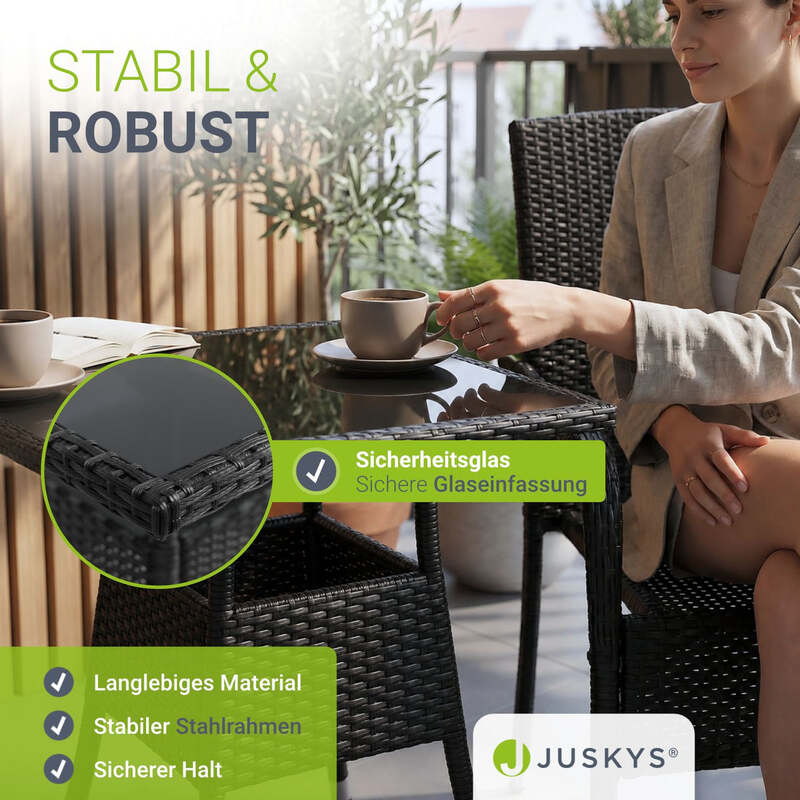Eckiger Gartentisch Yoro Polyrattan Glasplatte wetterbeständig 60 cm schwarz - 4262437180182