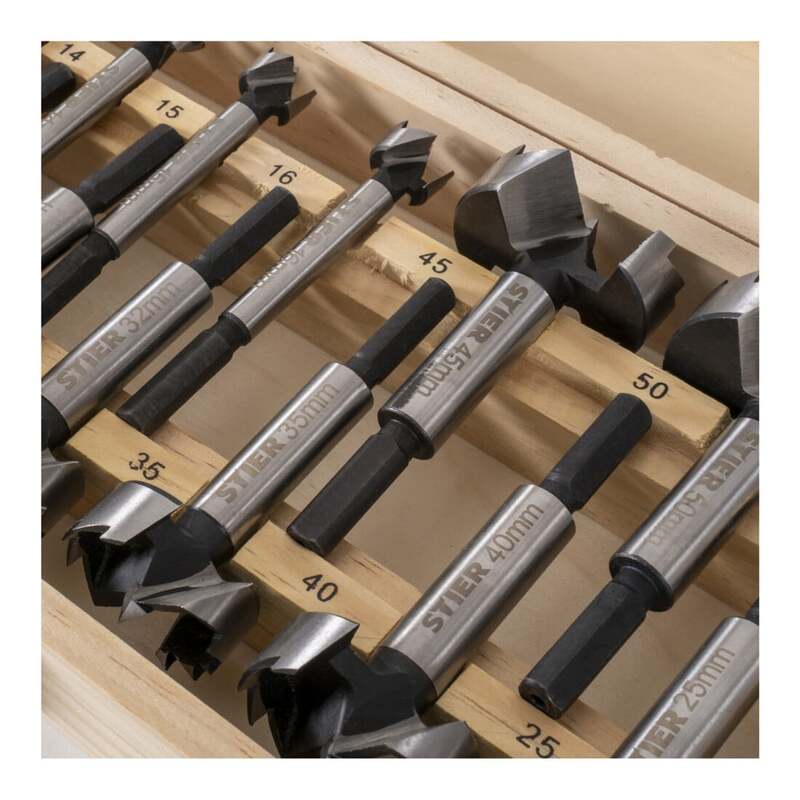 Stier Forstnerbohrer Bohrer Set 15-teilig in Holz-Kassette 10-50mm C45 Stahl - 4251709636229