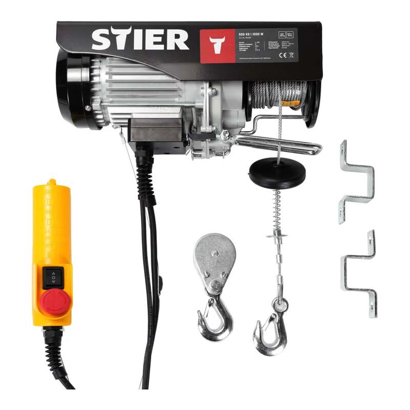 STIER Elektrischer Seilzug 500kg Tragkraft 1000W Leistung IP54 robust 12 m Seil - 4251709614784