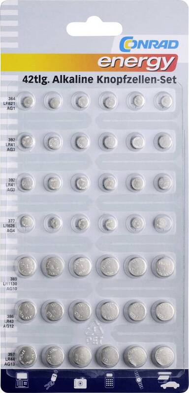 Conrad energy Knopfzellen-Set 6x AG1 12x AG3 6x AG4 9x AG10 3x AG12 6x AG13 Akku - 4053199932108
