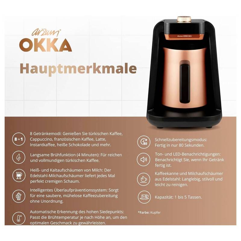 Arzum Kaffeemaschine Mokkakocher Espressokanne Milchaufschäumer Bronze 5 Tas183 - 8693184916643