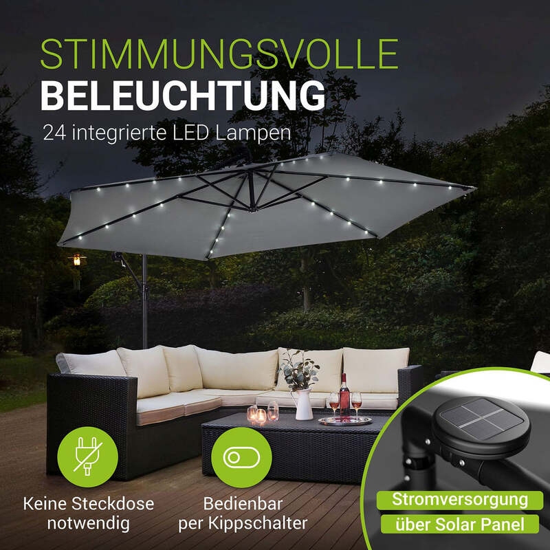 Ampelschirm Garten Brazil Sonnenschirm mit LED Kurbel und Standfuß grau 300cm - 4260565521396