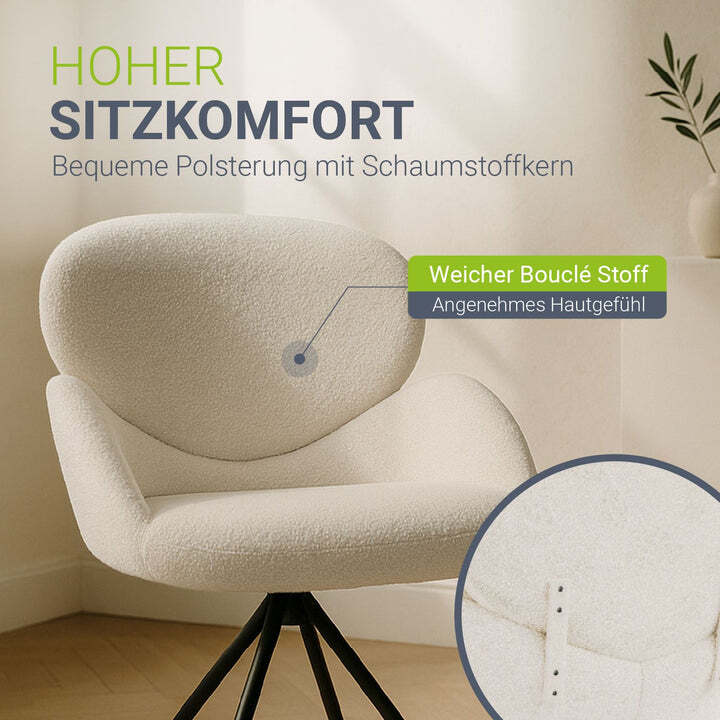 Drehstuhl Albano Esszimmerstuhl Bouclé Stoff Creme Drehfunktion 90cm hoch 59cm - 4262437184722