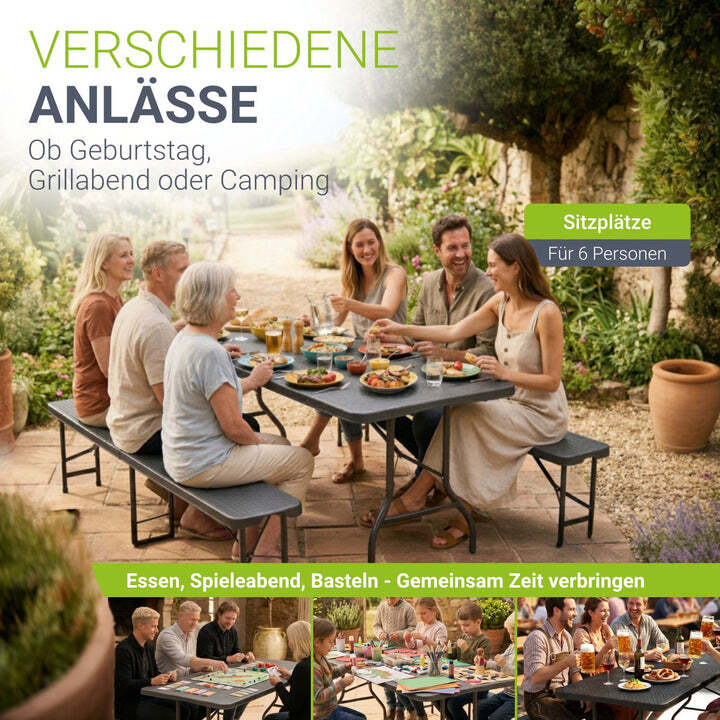 Bierzeltgarnitur Amberg klappbar 3-teilig in Rattan-Optik schwarz 180x74cm - 4260565523567