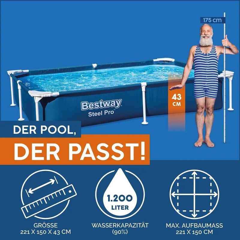 Bestway Steel Pro Pool Gartenpool 221x150x43cm Stahlrahmen dunkelblau 1200l - 6941607327951