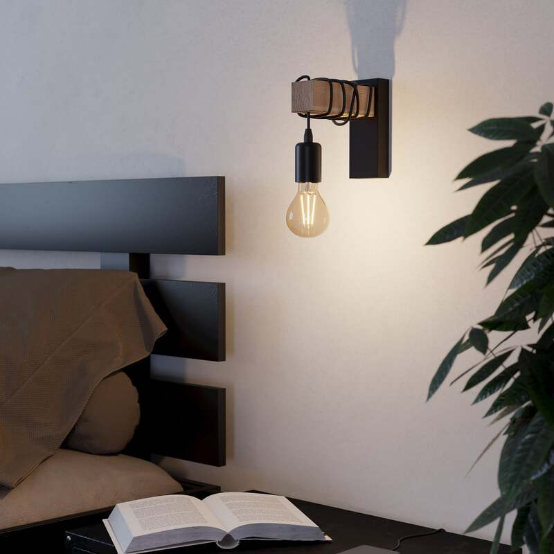 Eglo Wandleuchte Townshend LED Wandlampe dimmbar schwarz creme Holz 6,5x21,5cm - 9002759435141
