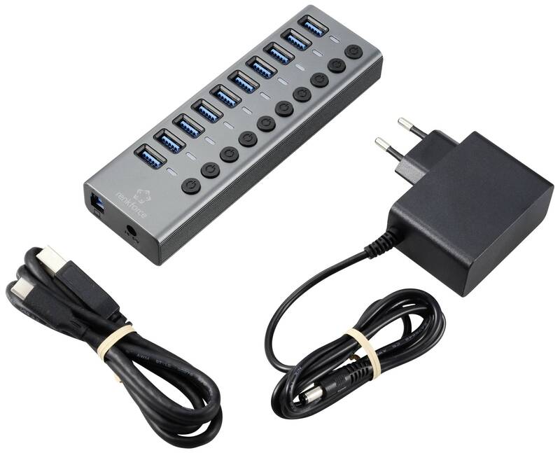 Renkforce RF-6027504 10 Port USB 3.2 Gen2-Hub einzeln schaltbar Aluminiumgehäuse - 4064161313023