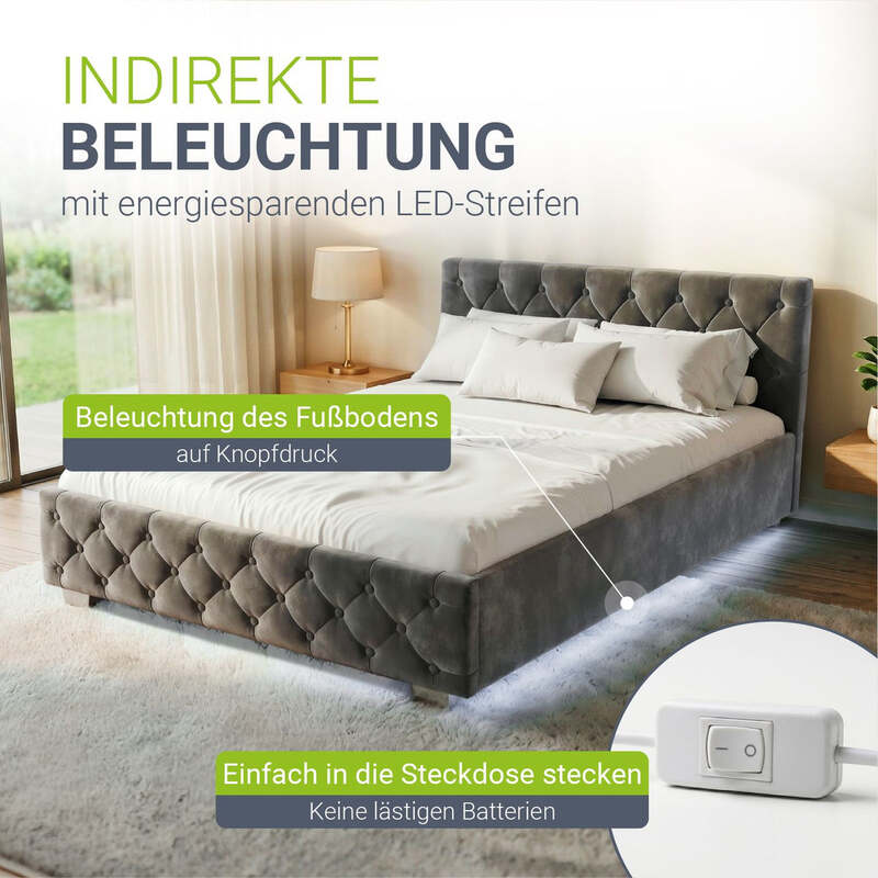 Polsterbett Nizza mit Stauraum und Samtbezug dunkelgrau 140x200cm Bettgestell - 4260565527183