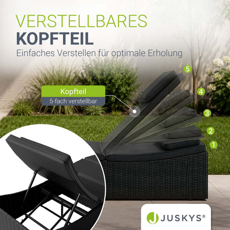Faltbare Polyrattan Sonnenliege Lamia Relaxliege mit Kissen Schwarz Grau - 4262437181103