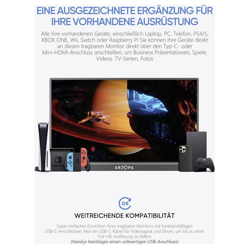 Arzopa Portabler Monitor 17,3 Zoll Full HD 1920x1080 IPS HDMI USB-C schwarz - 6975114120187
