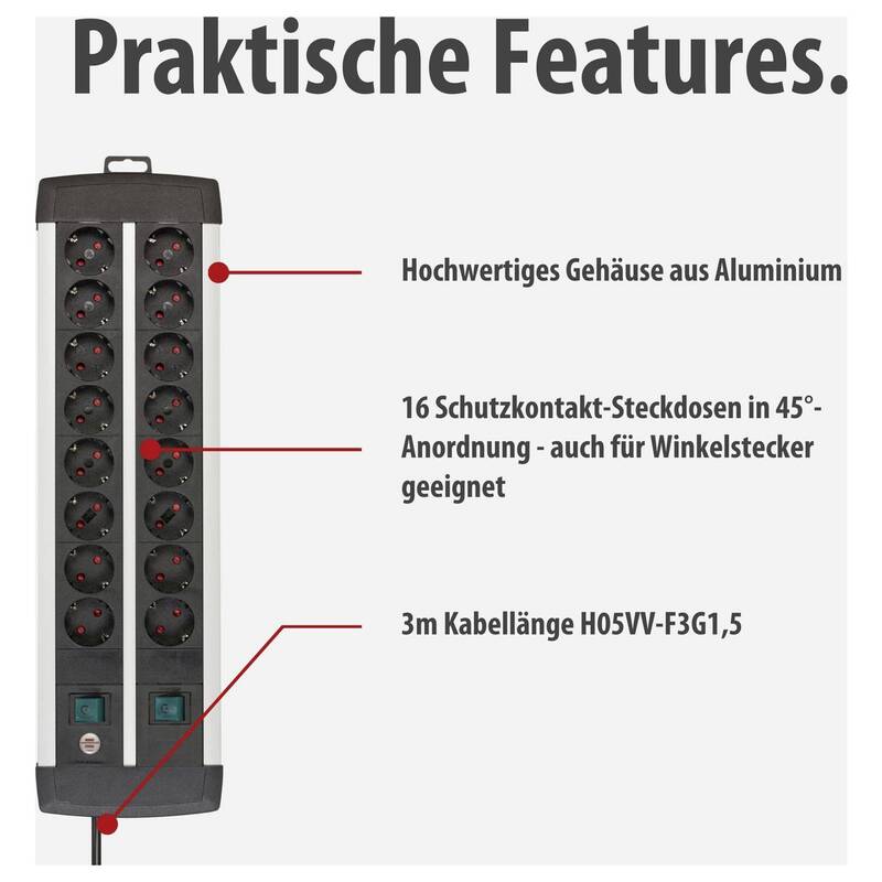 Brennenstuhl Steckdosenleiste Mehrfachsteckdose Aluminium 16-fach mit Schalter - 4007123650446