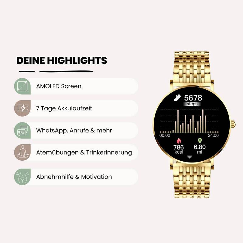 XCOAST SIONA 2 Smartwatch Uhr Fitnessuhr Gold Damen Fitness Tracker773 - 4260449576962