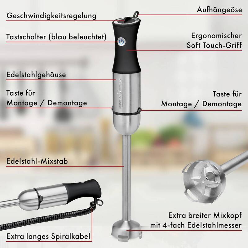 Profi Cook Stabmixer Pürierstab PC-SM 1094 1000W Edelstahl schwarz stufenlos - 4006160010947