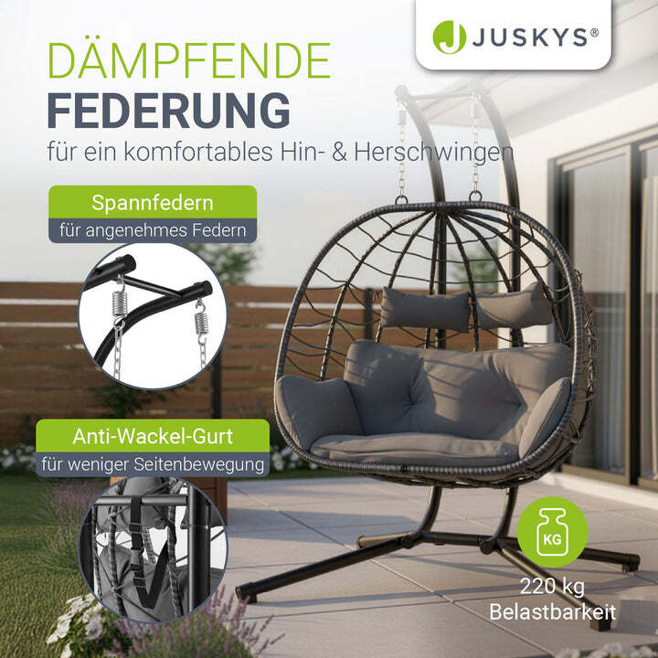 Polyrattan Doppelhängesessel Aria für 2 Personen mit Gestell und Kissen grau - 4262437181332