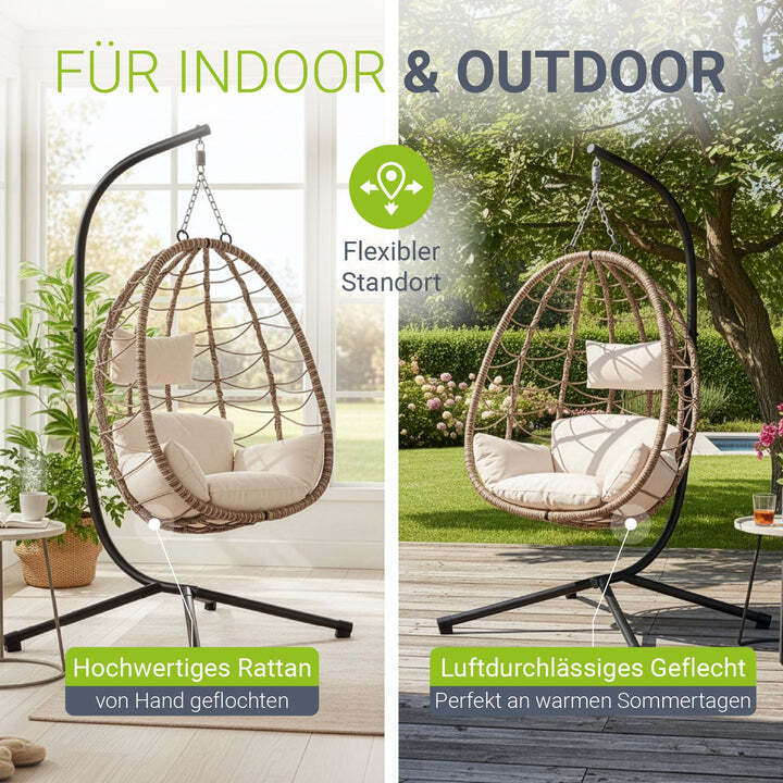 Korbhängesessel Aria Hängesessel Relaxsessel mit Gestell Kissen Aufhängung Beige - 4260565526995