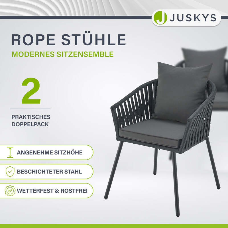 Gartenstuhl Rope 2er Set Stuhl mit Seilgeflecht und Kissen dunkelgrau schwarz - 4262437184661