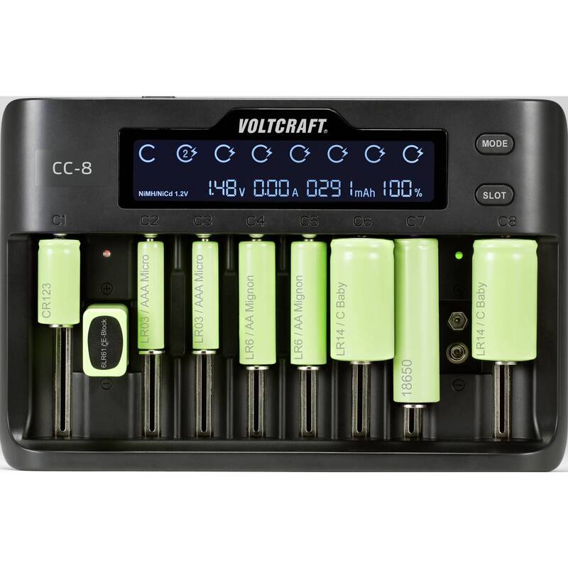 Voltcraft Rundzellen-Ladegerät CC-8 LiIon NiMH NiCd 10 Schacht Ladegerät 2000mA - 4053199993451