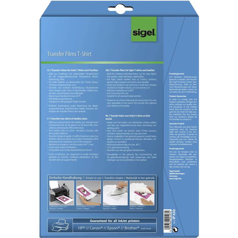 Sigel TShirt Transferfolien Textilfolien helle Baumwolle 12 Stück Inkjet - 4004360849398
