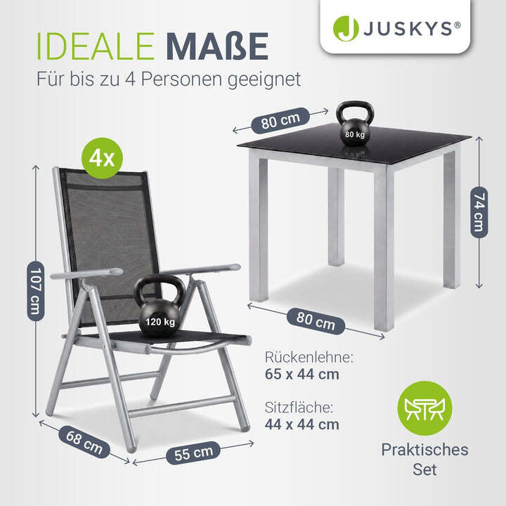 Gartengarnitur Milano 5-teilig Aluminium Tisch Sicherheitsglas Silbergrau - 4260565527015