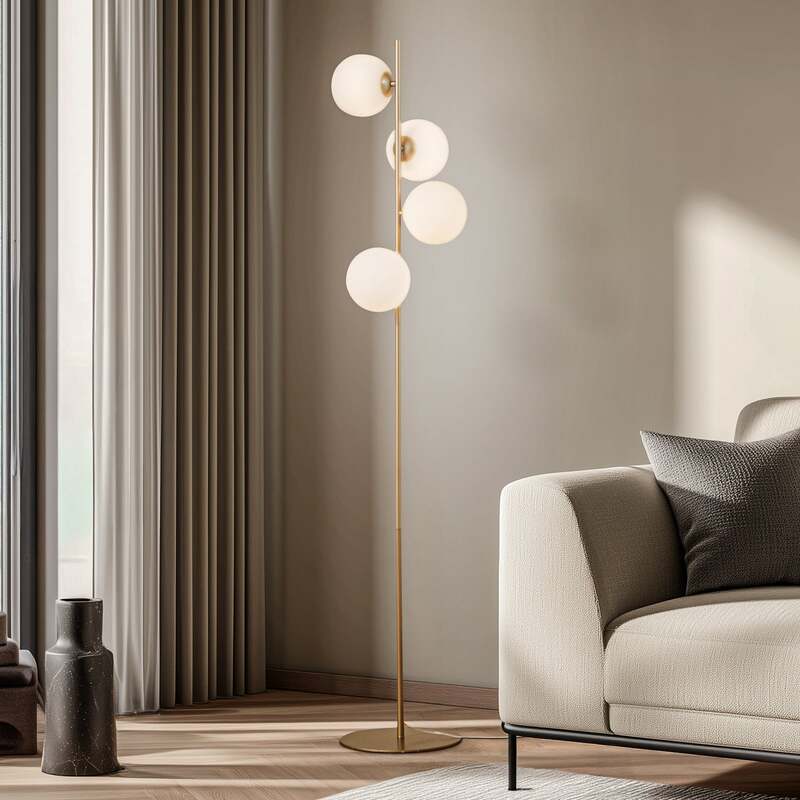 Lucande Stehleuchte Isandro 4-flg. opal/gold 160 cm Glas/Metall Schalter - 4255830903205