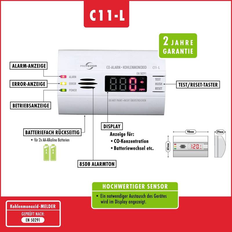 Protector C11-L Kohlenmonoxid-Melder Warnmelder Kohlenmonoxid batteriebetrieben - 4260070560156