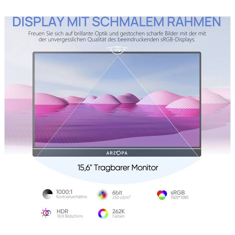 Arzopa Portabler Monitor 15,6 Zoll Full HD 1920x1080 IPS HDMI USB-C schwarz 660g - 6975114120590