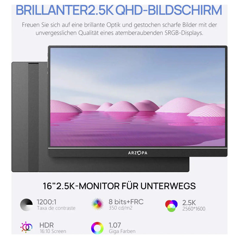 Arzopa Portabler Monitor 16 Zoll 2560x1600 IPS HDMI USB-C Blaulicht-Reduktion - 6975114120194