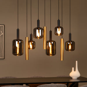 B-Ware Lucide Hängeleuchte Pendelleuchte Joanet Glas Rauchgrau Messing 130 cm 9-flammig
