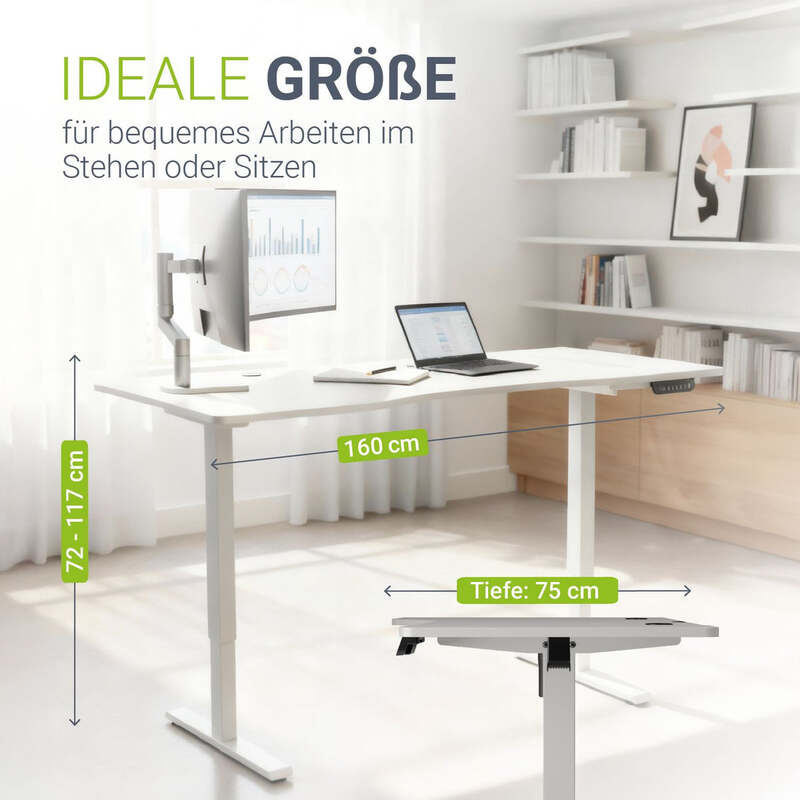 Schreibtisch höhenverstellbar Office Stand elektrisch Kabelführung 160x75cm weiß - 4260565527947