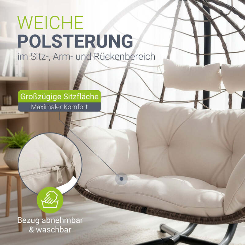Polyrattan Doppelhängesessel Aria Freischwingend mit Kissen für 2 Personen beige - 4262437181349