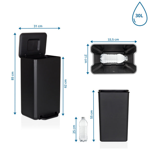 hjh OFFICE Mülleimer CLEAN NATURA 30L Schwarz matt Holzoptik Stahl - 4064323107330