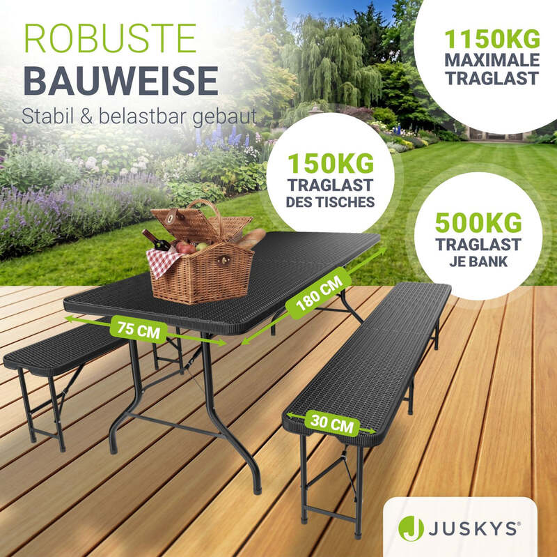 Bierzeltgarnitur Amberg klappbar 3-teilig in Rattan-Optik schwarz 180x74cm - 4260565523567