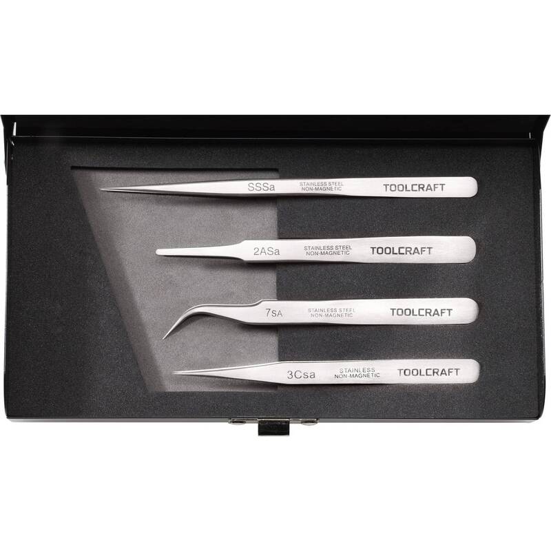 TOOLCRAFT Pinzette Edelstahl Set 4teilig Flach-rund Sichelspitze gebogen 55° - 4016138578867