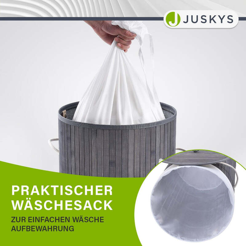 Bambus Wäschekorb Curly-Round 55l Wäschekorb mit Deckel und Tragegriff grau weiß - 4260565524434