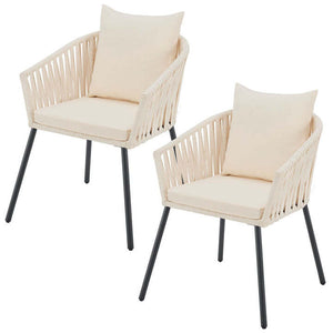 B-Ware Gartenstuhl 2er Set Rope Stuhl Beige mit Seilgeflecht und Kissen Terrasse Balkon