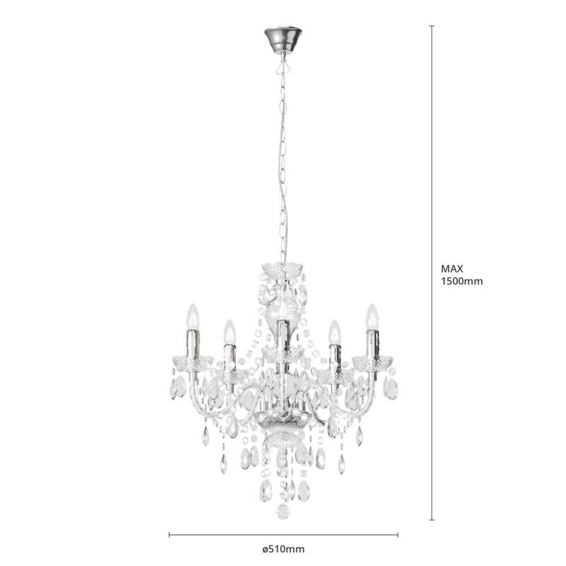 Lindby Kronleuchter Hängeleuchte Merida LED 5-flammig dimmbar chrom Ø52cm - 4251096528466