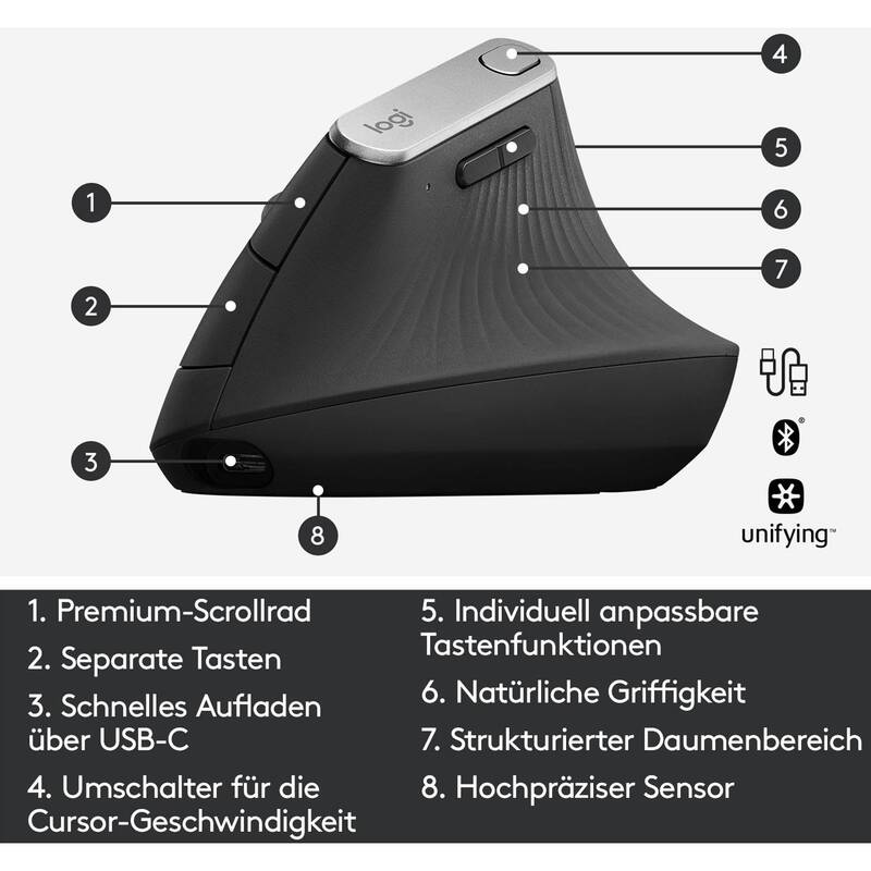 Logitech Ergonomische Maus MX Vertical Bluetooth Schwarz Silber 4 Tasten 4000dpi - 5099206081901