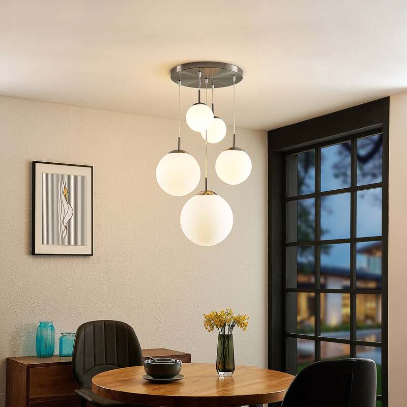Lindby Hängeleuchte Heleska LED Pendelleuchte Lampe 5-flammig weiß Ø50cm nickel - 4251096595017
