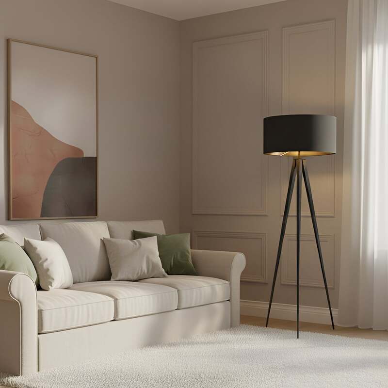 Lindby Stehlampe Benik Tripod Leuchte Lampe schwarz gold 153cm Höhe 50cm - 4251096530964