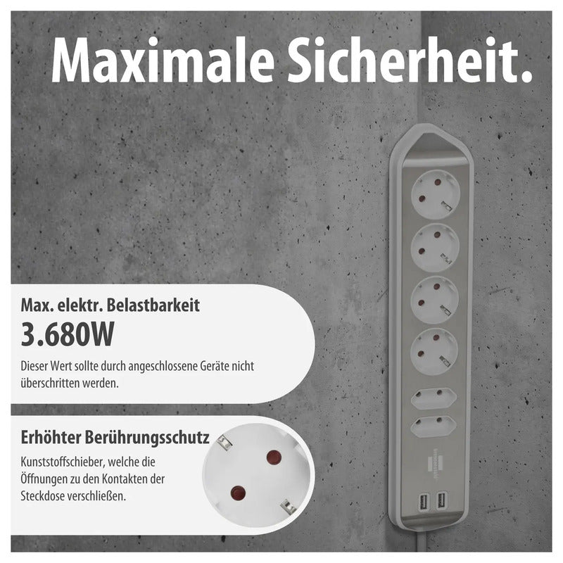 Brennenstuhl Tischsteckdose Silber 6-fach USB Schutzkontakt 2m Innenbereich 230V - 4007123672837