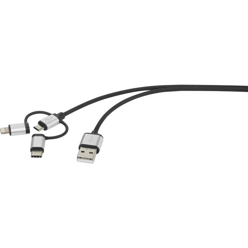 Renkforce USB-Kabel 3-in-1 USB-A USB-C Micro-B Apple Lightning 3m dunkelgrau - 4053199531509