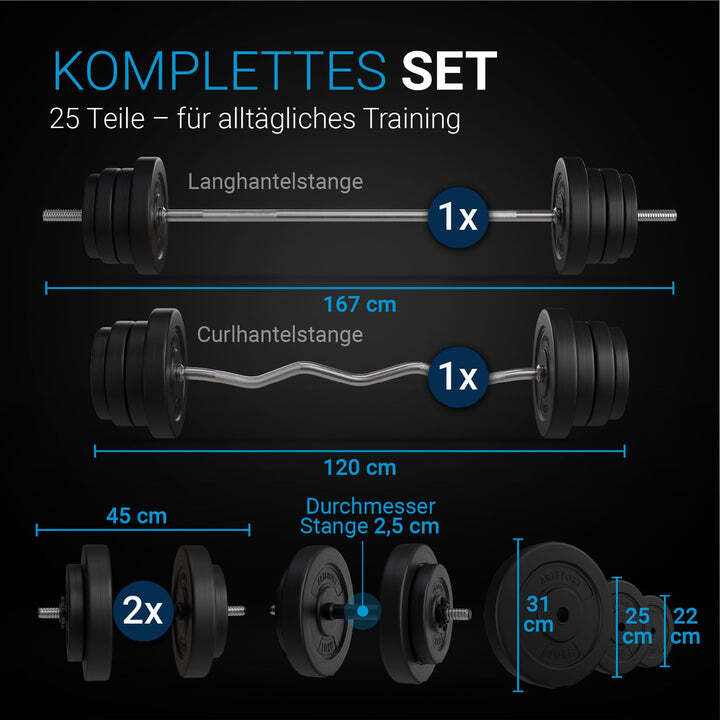 3in1 Hantelset 60kg Kurz-, Lang- und Curlhantel mit Gewichten rutschfest Set - 4260565522287