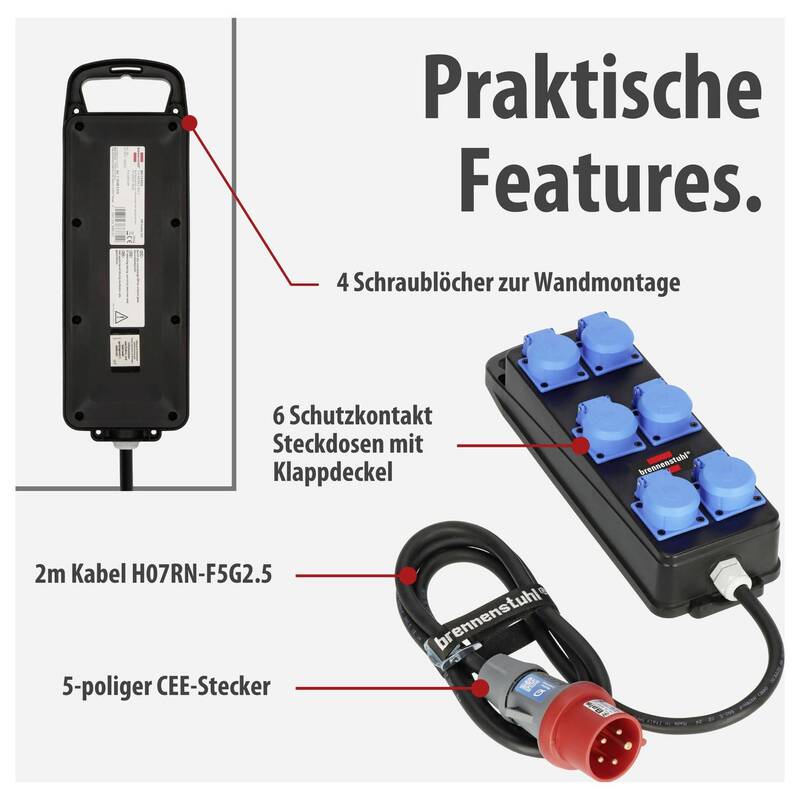 Brennenstuhl Portabler CEE Stromverteiler BSV P 6x 230V 400V IP44 2m Kabel - 4007123688722