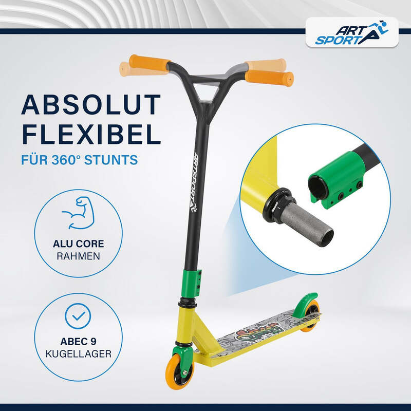 Stunt Scooter Kinder 360° Lenker Roller 100 mm Rollen Skatepark Grün Orange - 4260565526384