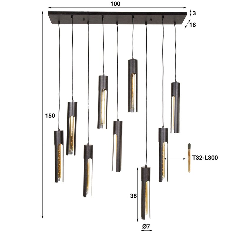 Zijlstra Hängeleuchte Pendelleuchte Tube Deckenlampe 100x18cm Metall 9-flammig - 8713244072062